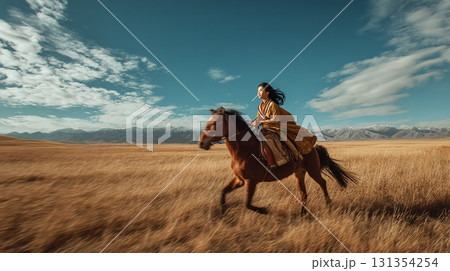 雪山を背景に黄金色に輝く大地を乗馬するアジア人女性のイラスト素材