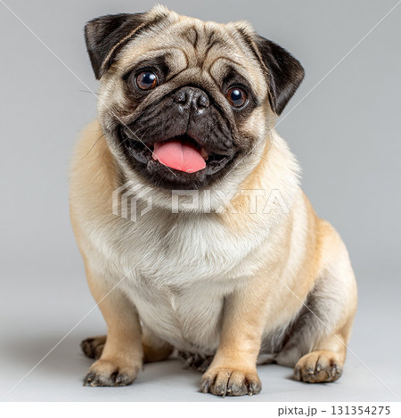 舌を出して笑う愛らしいパグの子犬のクローズアップポートレート 131354275