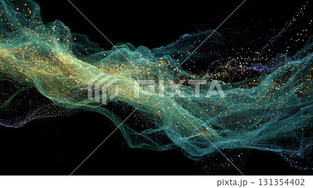 ゴールドの輝きを纏った、優雅に波打つ抽象的なエネルギーの流れ 131354402