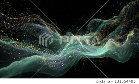 黒背景に光の粒子が流れるターコイズブルーの幻想的なウェーブアート 131354403