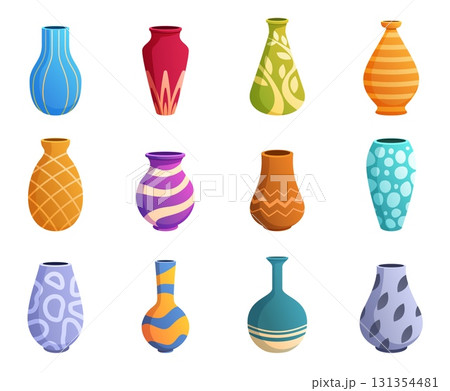 Decorative pottery vases. Cartoon vase with decor, interior accessories. Porcelain or clay vessels for flowers or water. Jug, floral pots sapid vector clipart Decorative pottery vases. Cartoon vase with decor, interior accessories. Porcelain or clay vessels for flowers or water. Jug, floral pots sapid vector clipart 131354481