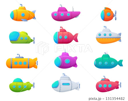 Cartoon ocean submarines. Isolated submarine icons, various underwater boats for travel and exploration. Bathyscaphe, children sapid vector elements Cartoon ocean submarines. Isolated submarine icons, various underwater boats for travel and exploration. Bathyscaphe, children sapid vector elements 131354482