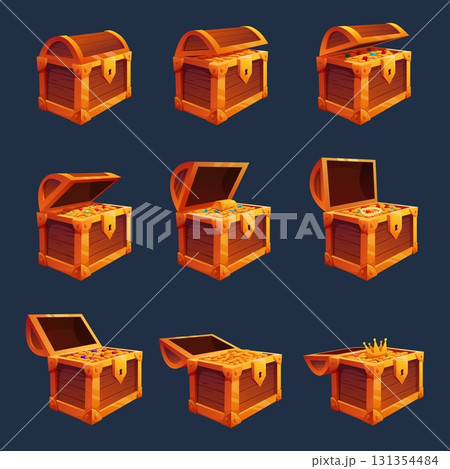 Cartoon wooden chests with treasure. Pirate money treasures, golden coins, jewelry, crown, gold bar. Old style preservation of property and money, sapid vector set 131354484