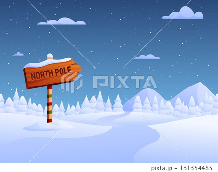 North pole sign. Wooden pointer on snowy landscape, christmas style nature, forest in snow. Santa home destination, winter hills, sapid vector illustration 131354485