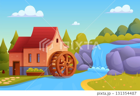Cartoon water mill landscape. Old style house with wooden wheel on river with waterfall. Countryside rural building, fairy tale watermill, sapid vector illustration 131354487