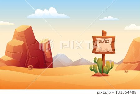 Western background. Wild west desert with wanted ad on wooden billboard sign. Stone rocks, cactus, mountain landscape. South sapid vector illustration Western background. Wild west desert with wanted ad on wooden billboard sign. Stone rocks, cactus, mountain landscape. South sapid vector illustration 131354489
