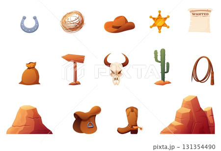 Western cartoon elements. Wild west isolated accessories, sheriff gold star, cowboy boot and hat. Desert plant, cactus, mountains and horseshoe sapid vector set 131354490