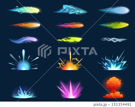 Blaster shoot effect. Game laser or plasma shooting effects for futuristic guns. Energy or power flame and explosions, vibrant sapid vector elements Blaster shoot effect. Game laser or plasma shooting effects for futuristic guns. Energy or power flame and explosions, vibrant sapid vector elements 131354491