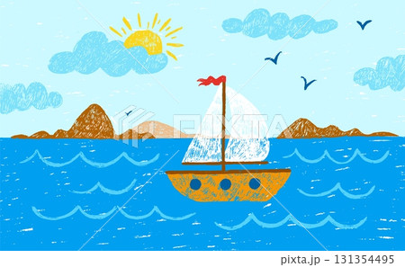 Ship in ocean children drawing landscape. Hand drawn color pencil sea or ocean, boat, clouds with sun and mountains. Crayon style neoteric vector illustration 131354495