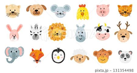 Cartoon crayon animal faces. Colored pencil hand drawn lion cat hippo pig bunny sheep penguin. Kids style animal avatars, chalk drawing neoteric vector set Cartoon crayon animal faces. Colored pencil hand drawn lion cat hippo pig bunny sheep penguin. Kids style animal avatars, chalk drawing neoteric vector set 131354498