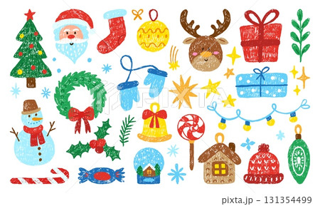 Crayon drawing christmas elements. Winter holidays toys gifts accessories. Isolated colored pencil drawn xmas and new year neoteric vector set 131354499