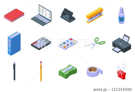 Isometric office equipment. Various stationery for writing, paper cutting, calculator, sharpener, glue tape, paper folder. Work tools nifty vector icons 131354500