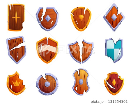 Broken shields medieval icons. War equipment for safety, protection damaged tools. Various old style metal wooden shield element, sapid vector clipart 131354501