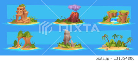 Tropical landscapes. Beauty islands collection in cartoon style exact horizontal tropical backgrounds 131354806