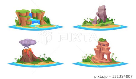 Tropical islands. Background landscapes with beauty islands in cartoon style exact vector illustrations set 131354807