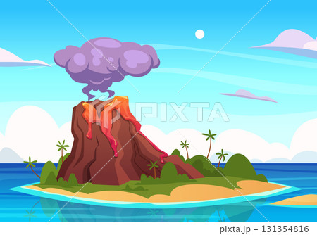 Volcano island. outdoor landscape with outdoor place with island in cartoon style 131354816