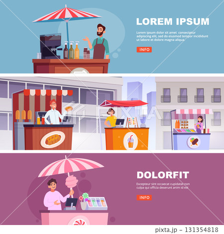 Street food. urban landscape with street vendors different snacks fast food and ice creams. vector banners Street food. urban landscape with street vendors different snacks fast food and ice creams. vector banners 131354818
