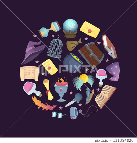Magic circle. round background with fairytale magician items for fantasy wizards Magic circle. round background with fairytale magician items for fantasy wizards 131354820