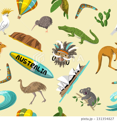 Australia pattern. authentic traditional items of famous landmarks of australia. vector seamless background Australia pattern. authentic traditional items of famous landmarks of australia. vector seamless background 131354827