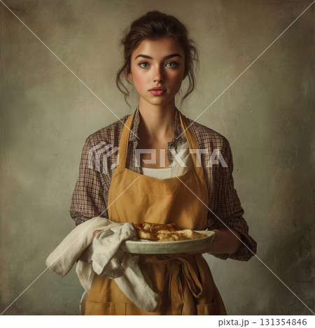 料理を持つ笑顔の女性モデルが写る室内ポートレート 日常の暮らしと食事シーンを感じさせる温かみ 131354846