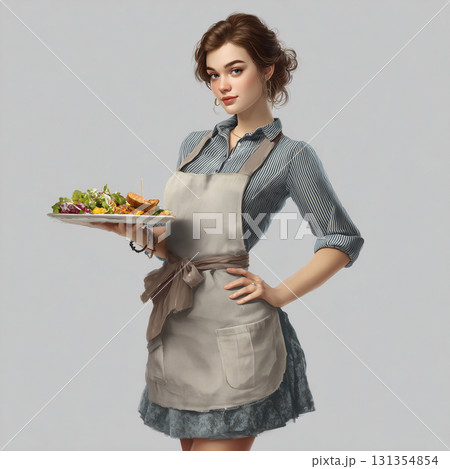 自然な笑顔で料理を手に持つエプロン姿の女性が写る日常生活の一場面を切り取ったポートレート風写真 131354854
