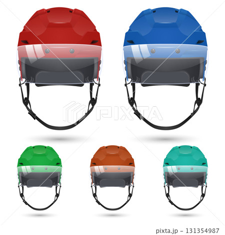 Vector 3d Realistic Hockey Helmet with Visor Set, Front View. Red Blue Green Brown Teal Colors. Protective Sport Equipment for Ice Hockey Game Training Tournament, Safety Hockey Helmet Design Vector 3d Realistic Hockey Helmet with Visor Set, Front View. Red Blue Green Brown Teal Colors. Protective Sport Equipment for Ice Hockey Game Training Tournament, Safety Hockey Helmet Design 131354987