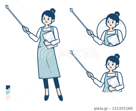 エプロンを着た女性が指示棒で解説しているイラスト 131355160