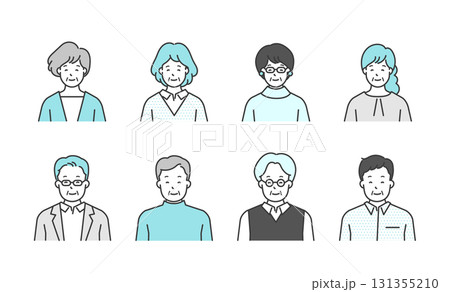 笑顔のシニア男女の上半身シンプルイメージ ポジティブ感情表現イラスト素材セット　笑顔・微笑む・穏やか 131355210