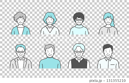 Simple upper body image of smiling senior men and women. Positive emotional expression illustration material set. Smile, smiling, calm. 131355210