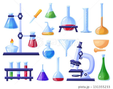 Cartoon chemical laboratory equipment. Glass flask and test tubes, microscope, bowl. Science tools, chemistry biology lab inventory, nowaday vector set 131355233