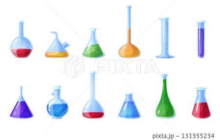 Cartoon glass chemical equipment. Laboratory glassware, test tubes, flasks. Chemistry lab containers for experiments. Scientific inventory nowaday vector set 131355234