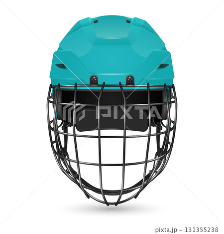 Vector 3d Realistic Blue Hockey Helmet with Cage Front View. Protective Ice Hockey Helmet Safety Gear for Player Equipment. Modern Hockey Helmet, Isolated 131355238