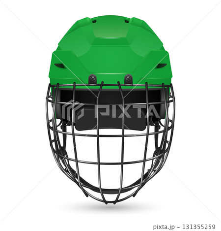 Vector 3d Realistic Green Hockey Helmet with Cage Front View. Protective Ice Hockey Helmet Safety Gear for Player Equipment. Modern Hockey Helmet, Isolated 131355259