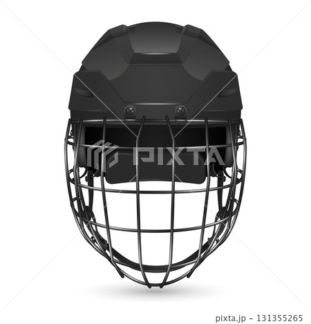 Vector 3d Realistic Black Hockey Helmet with Cage Front View. Protective Ice Hockey Helmet Safety Gear for Player Equipment. Modern Hockey Helmet, Isolated 131355265