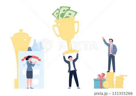 People with different benefits. Office workers characters, managers, financial consulting with money, golden cups and certificate. Flat vector success scenes 131355266