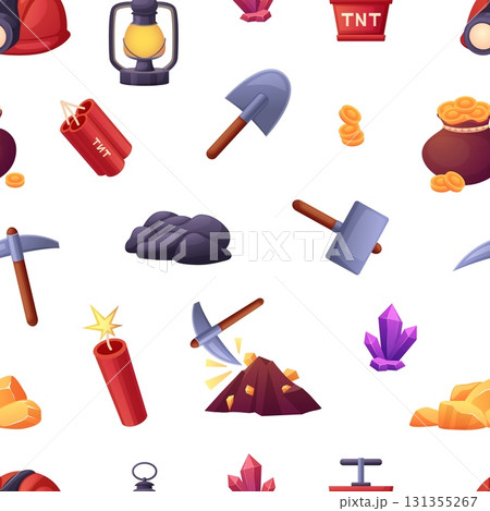 Mining tools seamless pattern. Shovel pick diamonds, dynamite, hammer and golden coins. Industrial elements print for web design, vector background 131355267