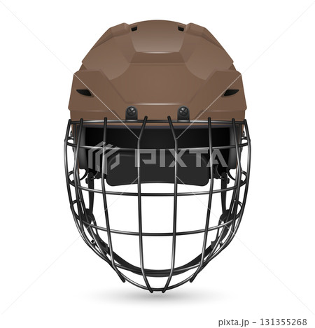 Vector 3d Realistic Brown Hockey Helmet with Cage Front View. Protective Ice Hockey Helmet Safety Gear for Player Equipment. Modern Hockey Helmet, Isolated Vector 3d Realistic Brown Hockey Helmet with Cage Front View. Protective Ice Hockey Helmet Safety Gear for Player Equipment. Modern Hockey Helmet, Isolated 131355268