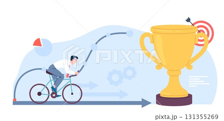 Man in bicycle moves towards goal. Work achievement, ride to golden prize or target. Tired office worker riding, vector concept of achievements and victory over oneself 131355269