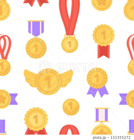 Gold medals seamless pattern. First place medal and victory order with ribbons. Winning print for fabric, web pages, competition, vector background 131355272