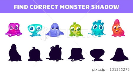 Find correct slimy alien shadow. Children educational and development game. Cartoon funny bright monsters, kids mascots. Play template vector concept 131355273