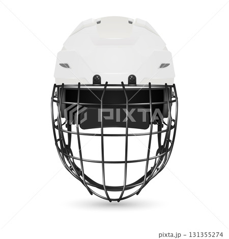 Vector 3d Realistic White Hockey Helmet with Cage Front View. Protective Ice Hockey Helmet Safety Gear for Player Equipment. Modern Hockey Helmet, Isolated Vector 3d Realistic White Hockey Helmet with Cage Front View. Protective Ice Hockey Helmet Safety Gear for Player Equipment. Modern Hockey Helmet, Isolated 131355274