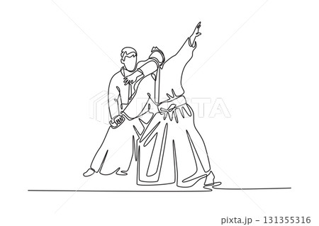 Continuous one line drawing dynamic Aikido throw, with one male figure controlling his partner's momentum and unbalancing with a precise maneuver. Single line draw design vector graphic illustration Continuous one line drawing dynamic Aikido throw, with one male figure controlling his partner's momentum and unbalancing with a precise maneuver. Single line draw design vector graphic illustration 131355316