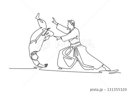 Continuous one line drawing dynamic Aikido throw, with one male figure controlling his partner's executes a forward roll, principle of unbalancing. Single line draw design vector graphic illustration 131355320