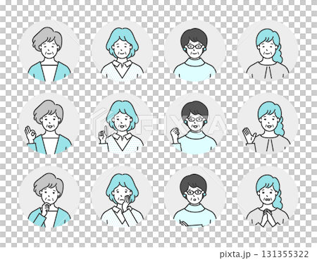 Senior woman upper body positive and negative emotions simple image icon illustration material set Senior woman upper body positive and negative emotions simple image icon illustration material set 131355322
