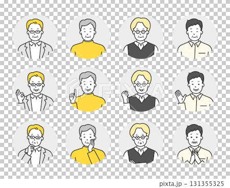Senior male upper body positive and negative emotions simple image icon illustration material set 131355325