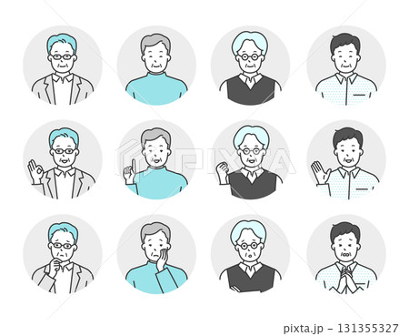 シニア男性の上半身 ポジティブ・ネガティブ感情 シンプルイメージアイコンイラスト素材セット 131355327