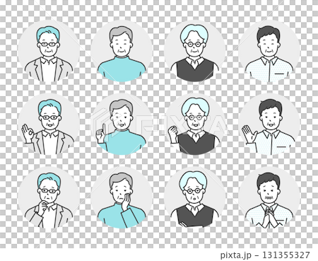 シニア男性の上半身 ポジティブ・ネガティブ感情 シンプルイメージアイコンイラスト素材セット 131355327