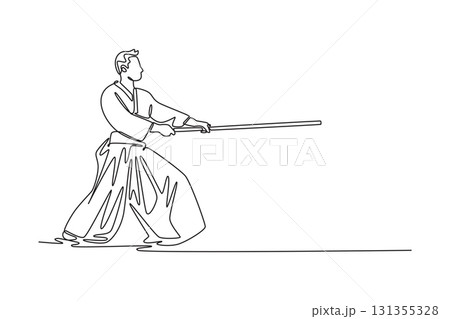 Single continuous line drawing male Aikido athlete in deep, powerful stance, holding staff in forward thrust, the discipline and energy of weapon form. One line draw graphic design vector illustration Single continuous line drawing male Aikido athlete in deep, powerful stance, holding staff in forward thrust, the discipline and energy of weapon form. One line draw graphic design vector illustration 131355328