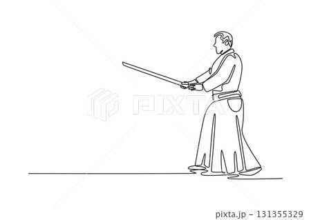 Single continuous line drawing man in traditional uniform stands in ready stance, holding long staff, disciplined focus and readiness of Aikido weapon. One line draw graphic design vector illustration Single continuous line drawing man in traditional uniform stands in ready stance, holding long staff, disciplined focus and readiness of Aikido weapon. One line draw graphic design vector illustration 131355329