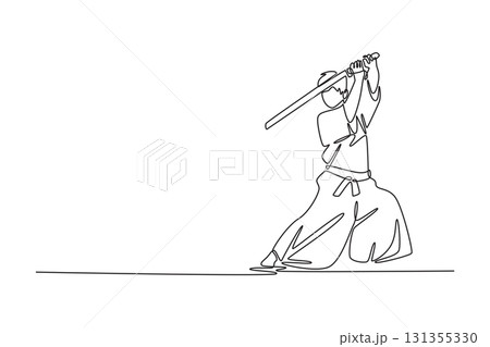 Single continuous line drawing man in low stance holds sword high overhead, poised for powerful strike, focus and grounded power of Aikido weapon form. One line draw graphic design vector illustration Single continuous line drawing man in low stance holds sword high overhead, poised for powerful strike, focus and grounded power of Aikido weapon form. One line draw graphic design vector illustration 131355330